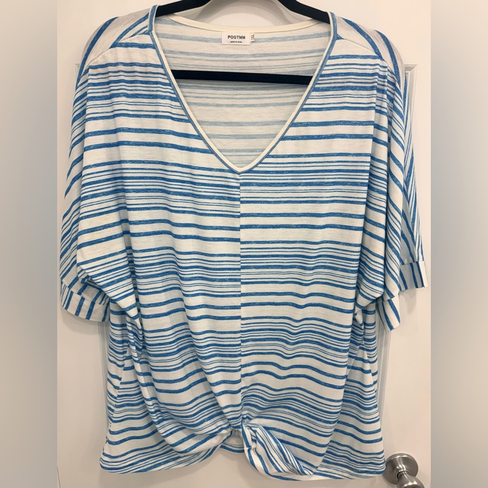 Turquoise and White Striped V-Neck Top